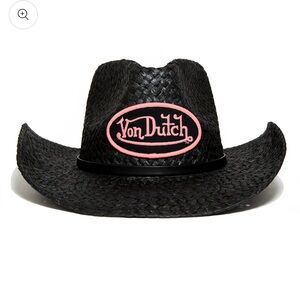 Von Dutch Black Straw Cowboy Hat with Pink Logo Patch